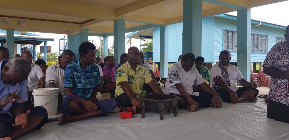 A group of villages presenting kava to Frs Veremo and Pat after Mass to say thank you - Photo: Fr Patrick Colgan