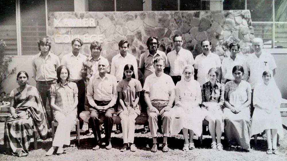 Staff picture from 1974 (centre, front is Fr Thomas Daly, Principal); other Columbans present are  Fr Ted Gerkin (4th from top right) and Fr Ed Mccolgan (top, right) and a number of Marist Sisters. On Tom Daly’s right is Ms Krishna Yaqub, a long serving secretary of the school, and on her right is Swami Baskara Nair, a hindu priest whose family now reside in Vancouver.