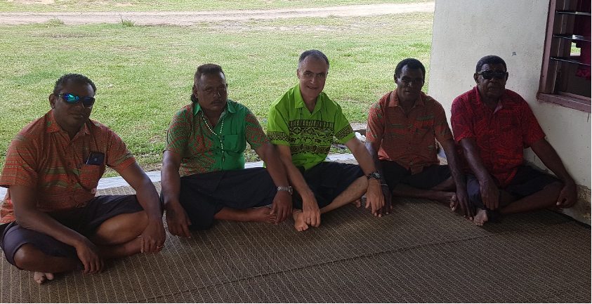 Bernard Saverio (RCIA Instructor), Bobby, Fr Pat Colgan,  Catechist Sevanaca and village head man Kolumbano (‘Columban’) after Bobby’s baptism. - Photo: Fr Patrick Colgan