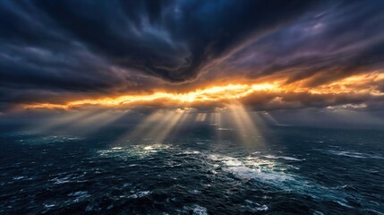 God’s Creation- Sunlight breaks through dark storm clouds over the ocean.