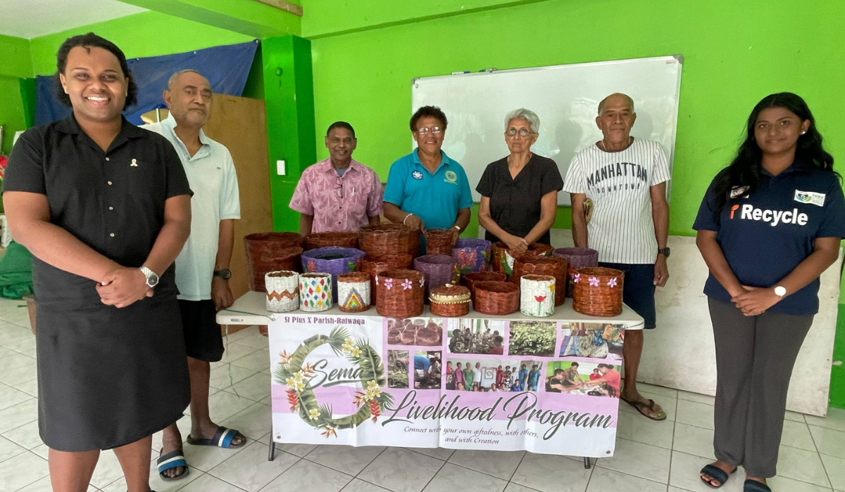 Noa with members of the Sema group, joined by Columban parish priest Father Vincent Ratnam and Pacific Recycling Foundation representative Shivanjali Singh. - Photo: Noa Mervyn Tuivunilagi 