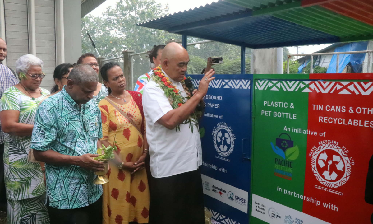 Blessing and commissioning of the I-recycle station by the Archbishop of Suva, Peter Loy Chon and Columban Fr Vincent Ratnam. - Photo: Noa Tuivunilagi 