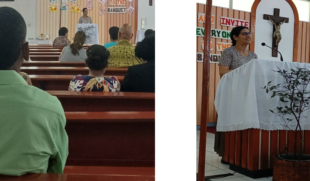 Columban IRD coordinator creating awareness to Raiwaqa parishioners on mission Sunday. Photo: Pescila Magdalin.